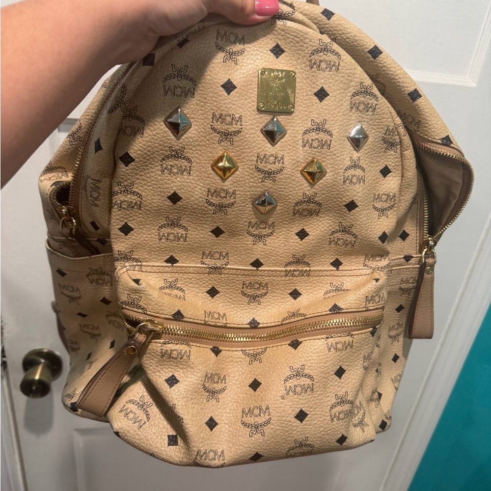MCM Tan Backpack with Gold and Silver Studs